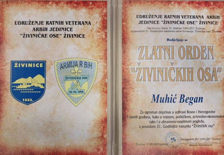 „Živiničke ose“ uručile Zlatni orden v.d. gradonačelnika Beganu Muhiću